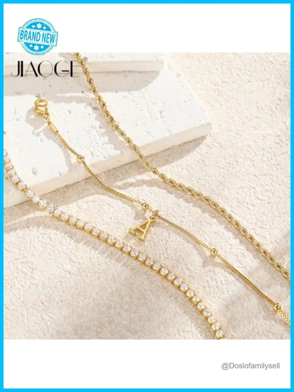 Dainty Gold Plated Bracelet Stack Set - Initial, Tennis & Rope Chain -